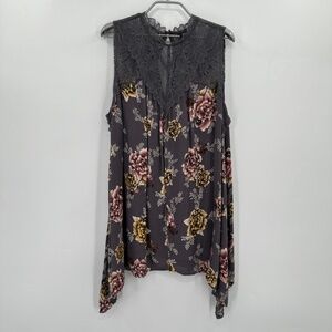 Torrid Gray Floral Sleeveless Blouse Plus Size 2 Lace Neckline Mock Neck 2X Top